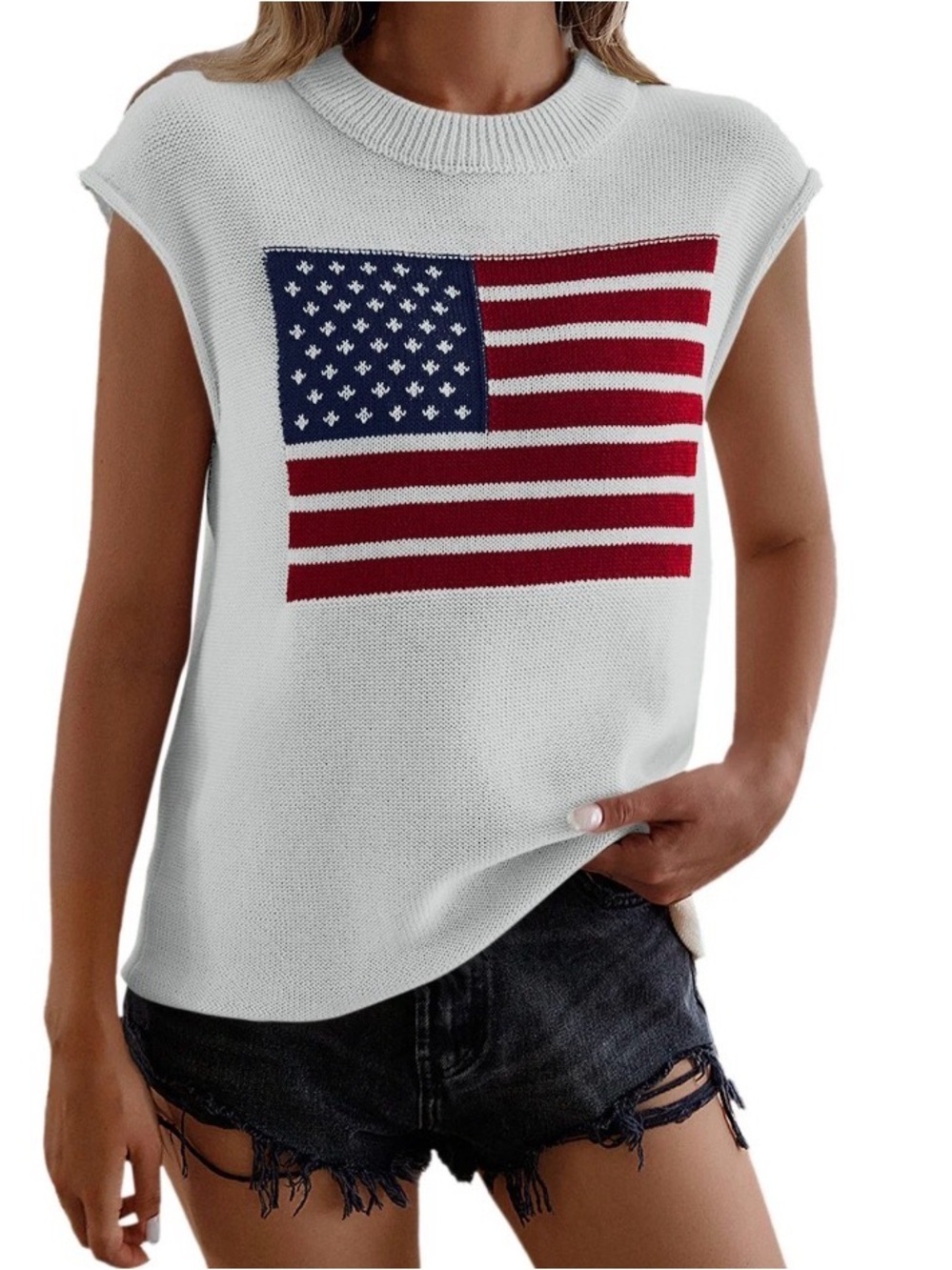 Sleeveless Knit Flag-Print Tank Top - White